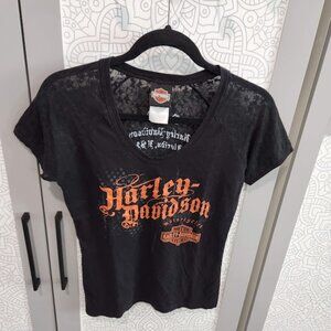 Harley Davison Ladies Black Tee, Lace Back and Shoulders, Size S